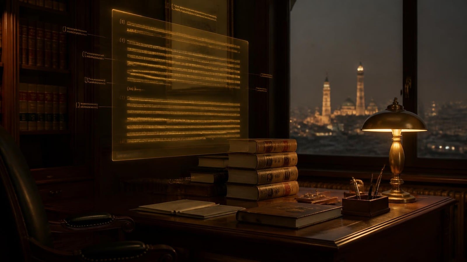 An advocate's desk in Lahore at night, with law reports and a glowing panel of citations